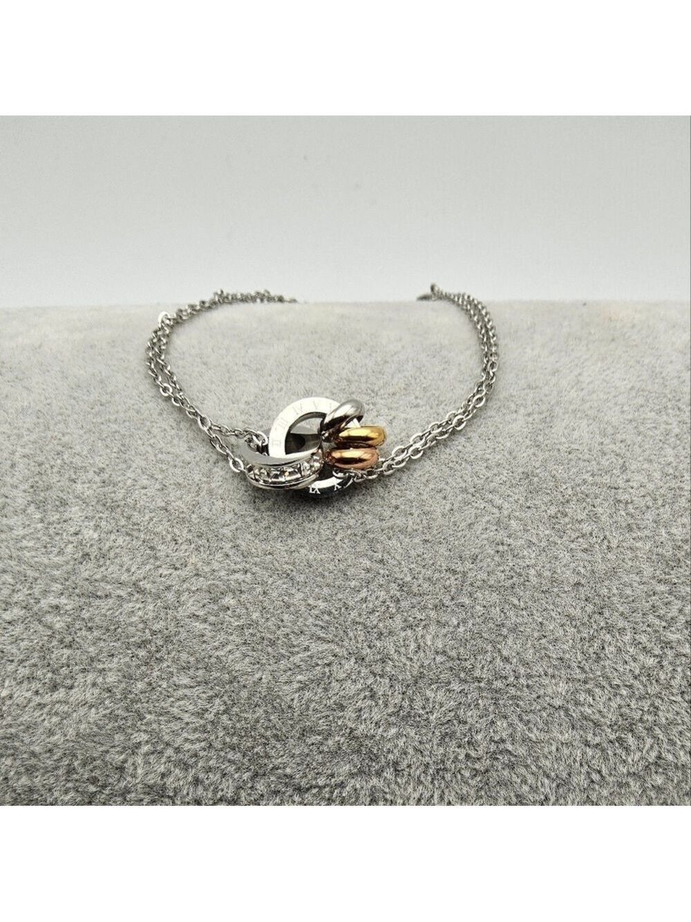 Interlocking Tri-Tone Rings, Simulated Diamond Stainless Steen Chain Bracelet